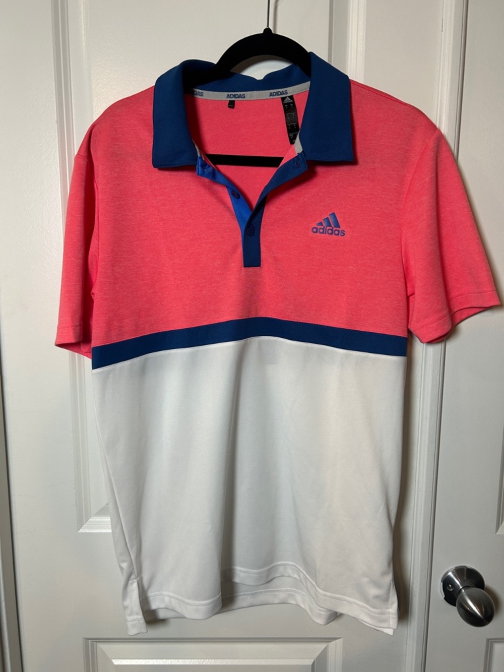 adidas Men’s Coral Pink, Royal Blue & White Colorblock Polo Shirt